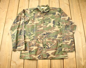 Vintage 1970s Military Camouflaged Button Up Shirt /  Army Green / Vintage Army / True Vintage / Made In  / Souvenir