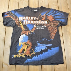 Vintage 1990s Harley Davidson Motorcycles Bald Eagle Graphic T-Shirt / Ensenada Mexico / All Over Print / Biker Tee / Souvenir T Shirt