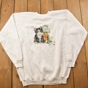 Vintage 1990s Cute Kitten Crewneck Sweatshirt / 90s Crewneck / Made In USA / Streetwear / Embroidered / Animal Sweater
