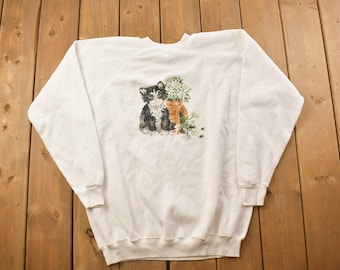 Vintage 1990s Cute Kitten Crewneck Sweatshirt / 90s Crewneck / Made In USA / Streetwear / Embroidered / Animal Sweater