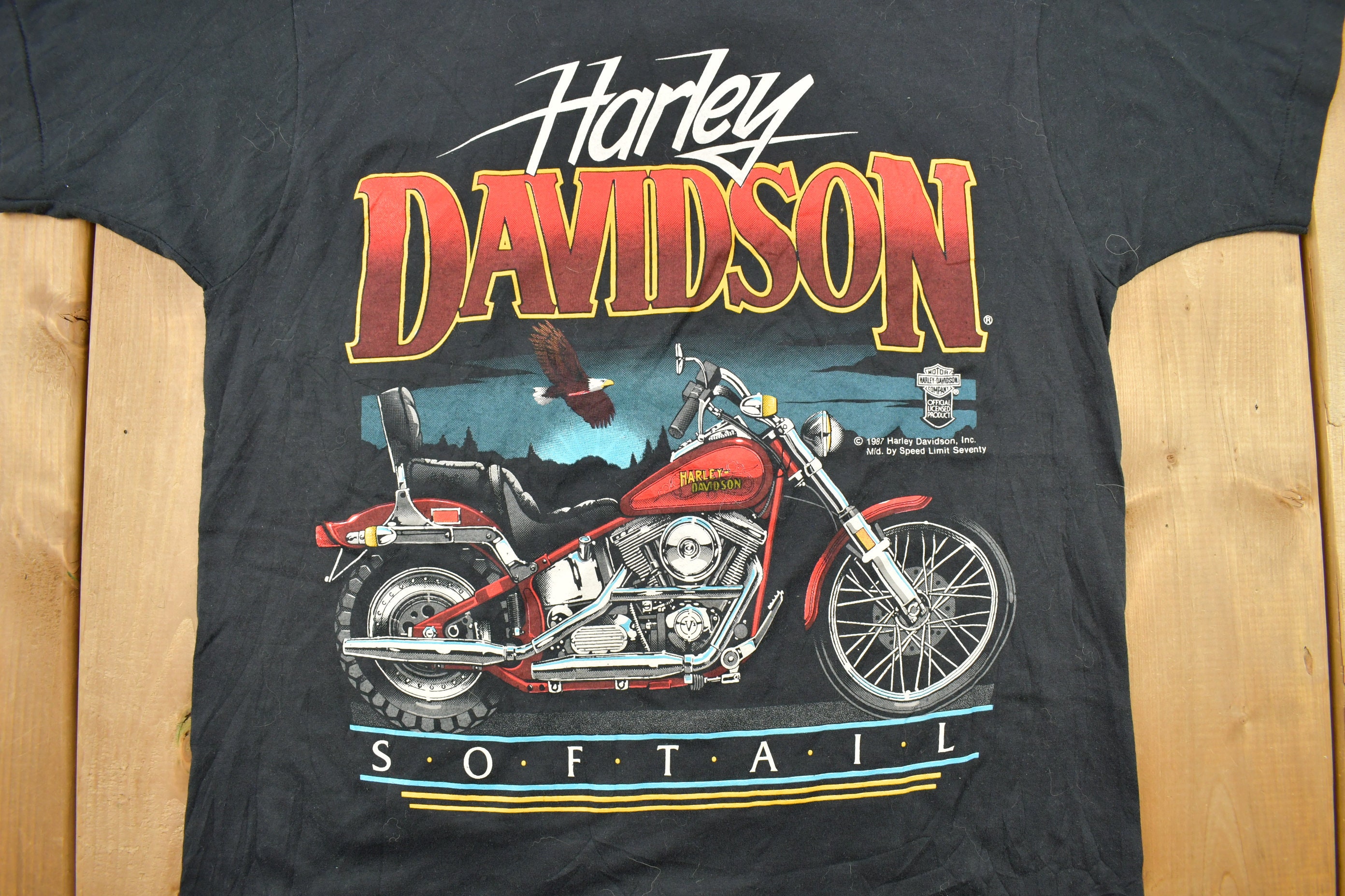 Vintage 1987 Harley Davidson Softail Graphic 3D Emblem T-shirt