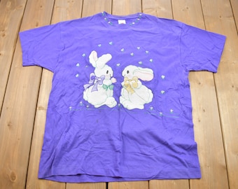 Vintage 90&#39;s Cute Bunnies Animal Purple T-Shirt / Grandma Shirt / Nature / Cute Animals / Made In USA / Single Stitch / Streetwear /