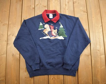 Vintage 1990s Sledding Reindeer Collard Sweatshirt / 90s Sweater / Made In USA / Streetwear / Festive Sweater / Cute Animals / Embroidered