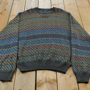 Puede incluir: Un suéter de manga larga con cuello redondo que presenta un patrón multicolor de rayas horizontales en tonos gris oscuro, azul y dorado apagado. La prenda de punto tiene cuello, puños y dobladillo acanalados, con un tejido texturizado en diagonal.