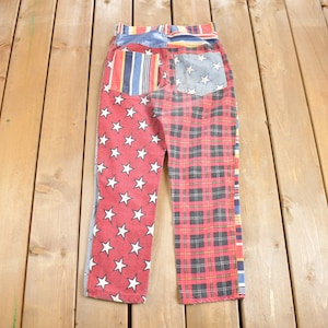 Pantalones vintage de patchwork con temática americana de los años 70, talla 28 x 25, auténticos pantalones vintage, estilo hippie, estilo vintage americano, pantalones vintage.