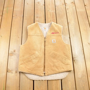 Vintage 1980s Carhartt Sherpa Lined Beige Work Vest / Vintage Workwear / Streetwear / 80s / Made In USA / Outdoorsman / Brown Work Vest