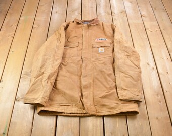 Vintage 1990s Carhartt Blanket Lined Embroidered Painters Jacket / Workwear / Streetwear / Naturally Distressed Carhartt / Worn Work Jacket