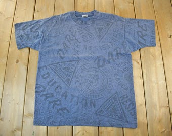 Vintage 1990s D.A.R.E All Over Print Graphic T-Shirt Men's XL / Made In USA / Dare USA / Retro Tee