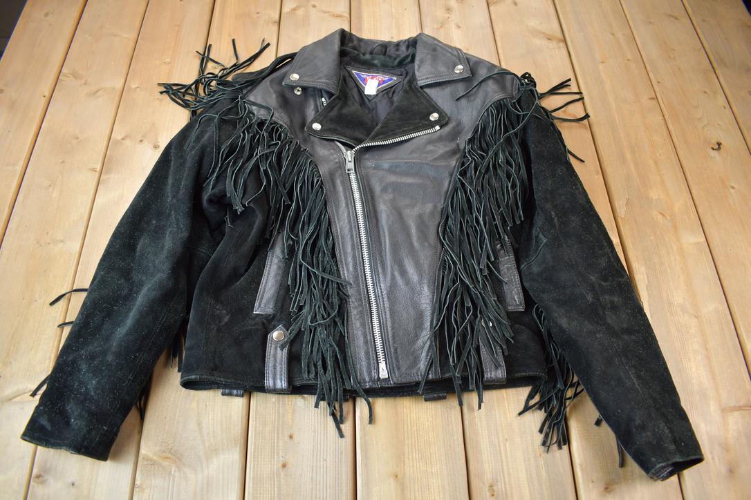 Vintage 1990s MOB Genuine Leather Fringed Jacket / Biker Jacket 