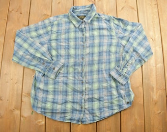 Vintage 1990s Noble Outfitters Plaid Button Up Fleece Sweater / 90s Button Up / Casual Shirt / Workwear / Fall Wear / Collared Shirt