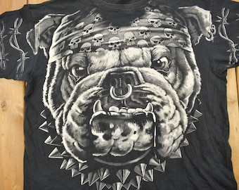 Vintage 1996 Bulldog All Over Print Liquid Blue Graphic T Shirt