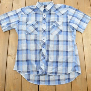 Vintage 1990s Wrangler Western Shirts Pearl Snap Short Sleeve Plaid Button Up Shirt / Size L / Made In USA / South Western