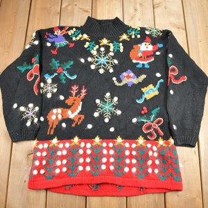 Vintage 1990s Santa Christmas Theme Knitted Sweater / Vintage Mockneck / Holiday Sweater / Cut N Sew / Embroidered