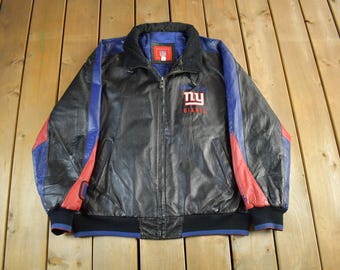 Vintage NFL Faux Leather Jacket XL 90s Bomber New York Giants Blue