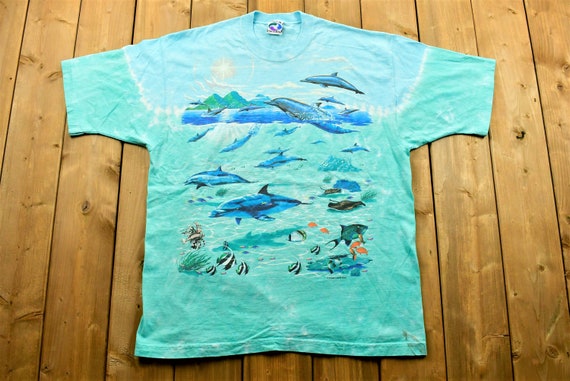 Vintage 1995 Liquid Blue All Over Dolphin Ocean Print T-shirt
