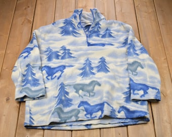 Vintage 1990s All Over Print Horse Fleece Quarter Zip Sweater / Sportswear / 90s Quarter Zip / Streetwear / Athleisure / Hiking