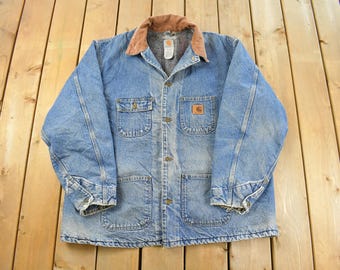Vintage 80s Carhartt Denim Jeans Workwear Jacket Large 1990's