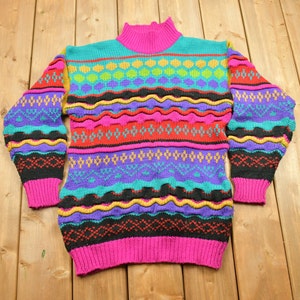 Vintage 1990s Coogi Style 100% Acrylic Knit Sweater / Vintage 90s Crewneck / Outdoorsman / Vintage Knit / Winter Sweatshirt / Neon Knit