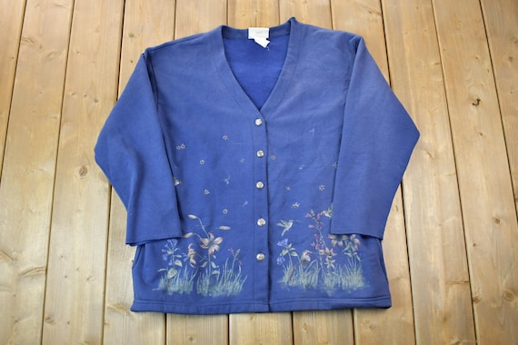 Vintage 1990s Northern Reflections Hummingbird Cardigan Sweater / Vintage Cardigan / Button Up / Patchwork / Embroidered / Made In USA