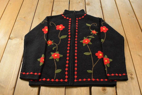 Vintage 2000s Pure & Simple Floral Wool Knit Full Zip Sweater Women's Small / Grandma Sweater