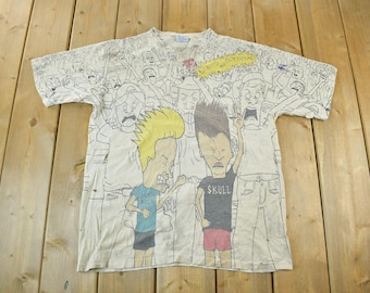 Koszulka męska z nadrukiem MTV Beavis i Butthead z 1993 roku, rozmiar M, grafika z lat 90., wyprodukowano w USA, promocja telewizyjna, pojedynczy ścieg