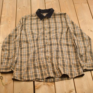 Vintage 1990s AMI Plaid Flannel Button Up Shirt / 1990s Button Up / Vintage Flannel / Plaid Shirt / Button Down / Beige Plaid / Nova Check