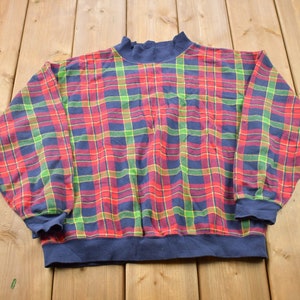 Vintage 1990s Plaid Crewneck Sweatshirt / 90s Crewneck / Tartan Plaid / Streetwear / Color Block / Vintage Plaid Crewneck / Turtleneck