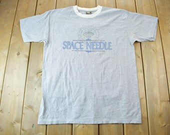 Vintage 1990s Space Needle Graphic T-Shirt / Made In USA / Striped T Shirt / Single Stitch
