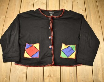 Vintage 1990s Carole Little Sport Cardigan Sweater / Vintage Cardigan / Button Up / Patchwork / Embroidered / Geometric