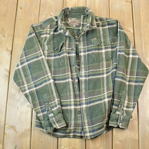 Vintage Orvis grönrutig skjorta med knappar / 100 % ny ull / med öglor / Utomhus / Fritidskläder / Tillverkad i USA / Flanell