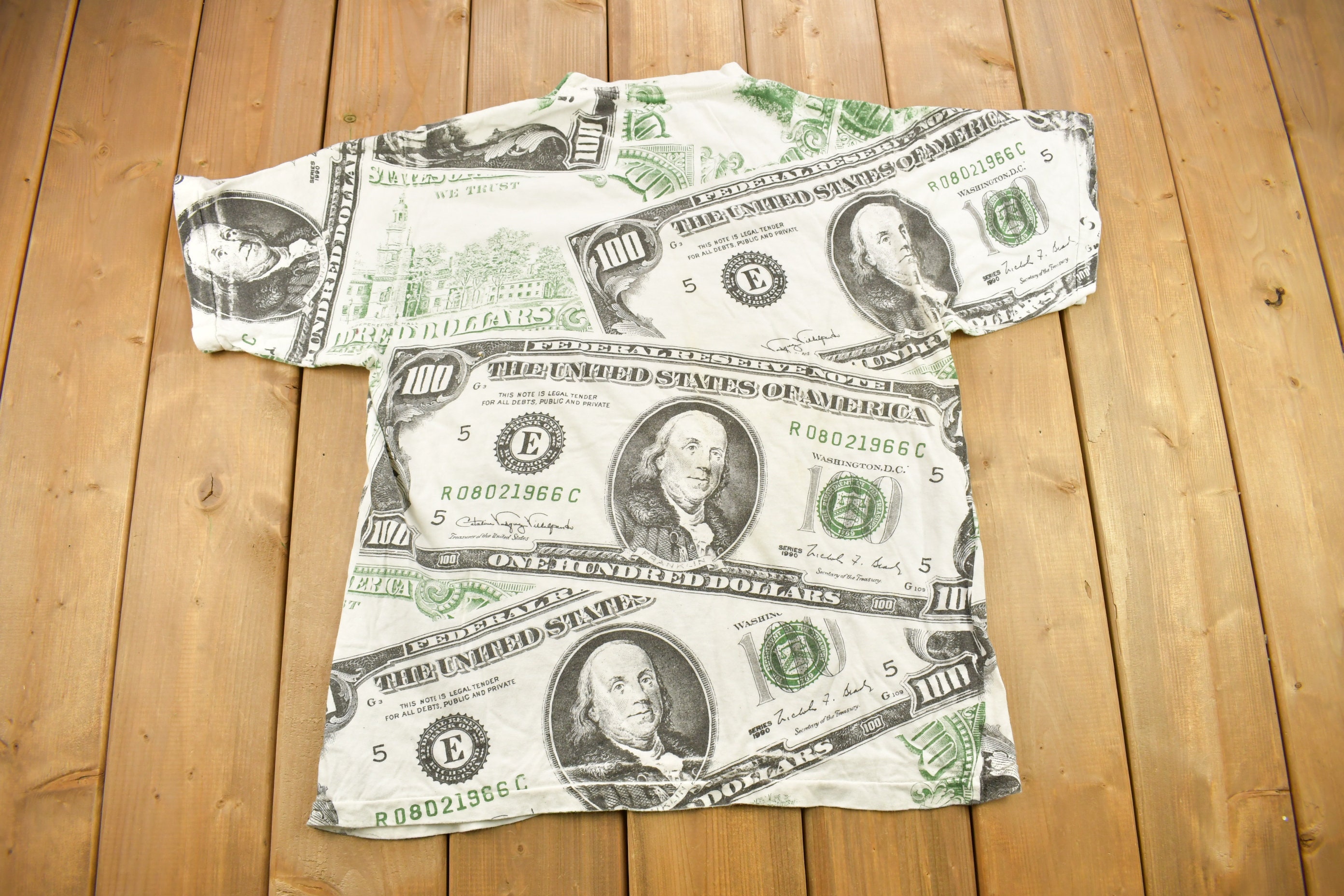 Vintage 1990 100 Dollar Bill All Over Print Graphic T Shirt