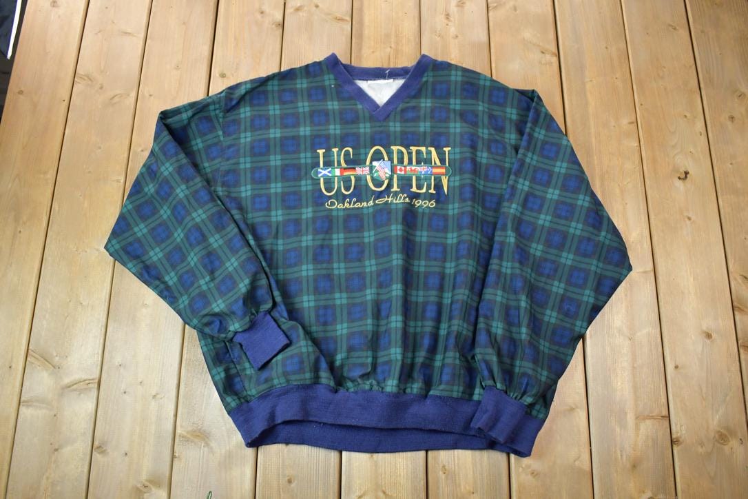 Vintage 1996 US Open Oakland Hills Plaid Golf Crewneck Sweatshirt / 90s Crewneck / Made In USA / Streetwear / Embroidered