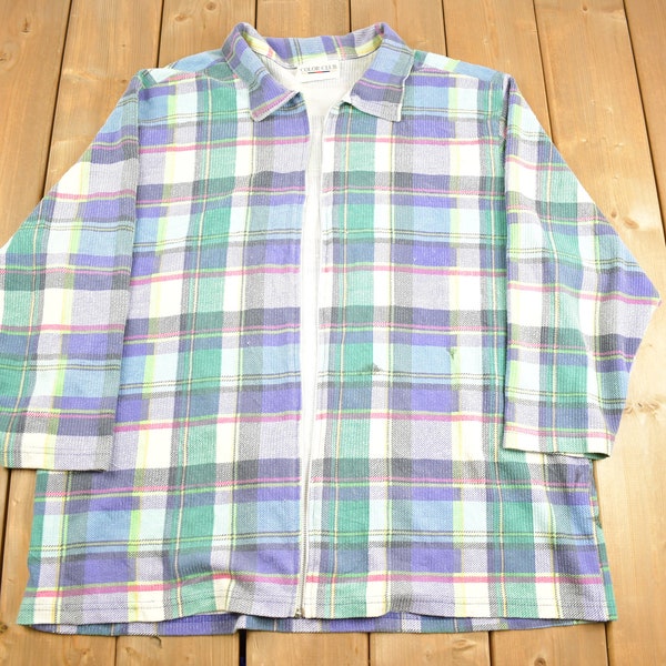 Vintage 1990s Color Club Plaid Flannel Zip Up Shirt Jacket / 1990s Button Up / Vintage Flannel / Plaid Shirt / Full Zip Shirt /