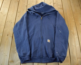 Sudadera térmica con capucha y cremallera Carhartt vintage de los años 90, con efecto desgastado / Ropa de trabajo vintage / Carhartt de los 90 / Talla L para hombre