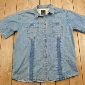 Vintage Denim Embroidered Short Sleeve Button Up Shirt / Denim Shirt / Sean John / Casual Shirt