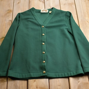 Vintage 1990s Leslie Fay Solid Green Cardigan Sweater / Vintage Cardigan / Button Up / Embroidered / 90s Cardigan / Blank Cardigan
