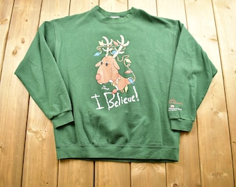 Vintage 1990s Christmas Reindeer Lee Sweater Men's XL / 90s Holiday Crewneck / I Believe! / Winter Wear / Festive Graphic / Made In USA