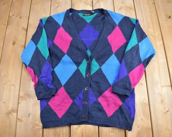 Vintage 1990s Paul Hard Knit Cardigan Sweater / Argyle / Vintage Cardigan / Button Up / Abstract Pattern / Vintage Knit