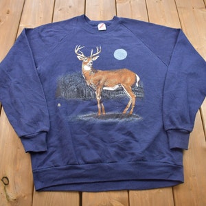 Moletom vintage Jerzees Night Time Deer Raglan com gola redonda dos anos 80 / Gola redonda dos anos 80 / Fabricado nos EUA / Essencial / Streetwear / Branco dos anos 80