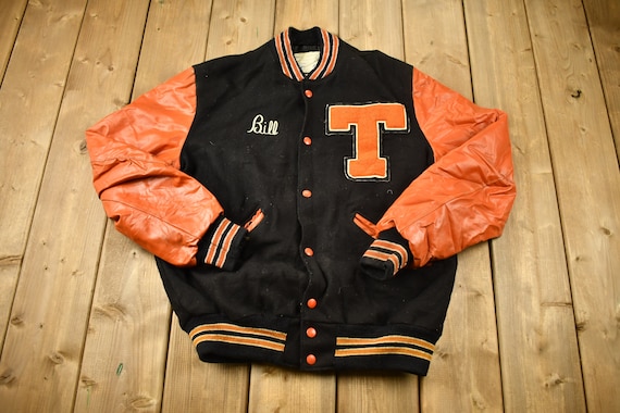Vintage 1980s Orange & Black Leather Varsity Jack… - image 1