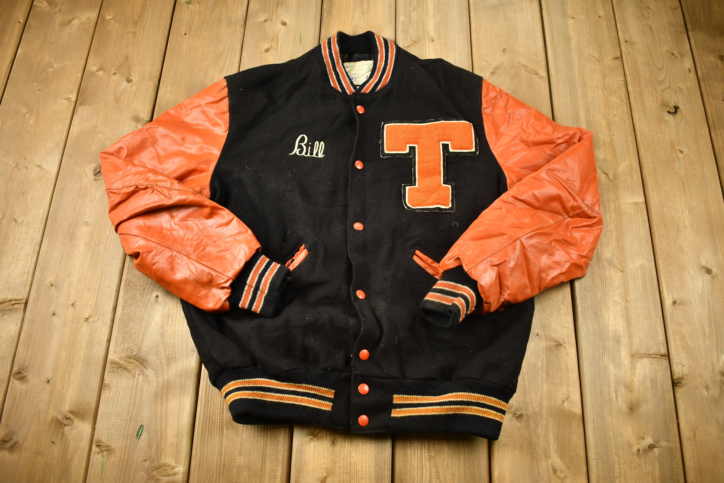 Vintage 1980s Orange & Black Leather Varsity Jacket / Chain 