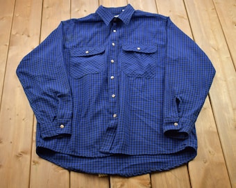 Vintage 1990s Blue Plaid Flannel Button Up Shirt / 1990s Button Up / Vintage Flannel / Plaid Shirt / Button Down