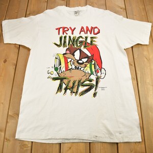 1995年ヴィンテージ Taz「Try And Jingle This」クリスマスグラフィック ルーニー・テューンズ Tシャツ / ワーナーブラザーズ / アメリカ製 / シングルステッチ
