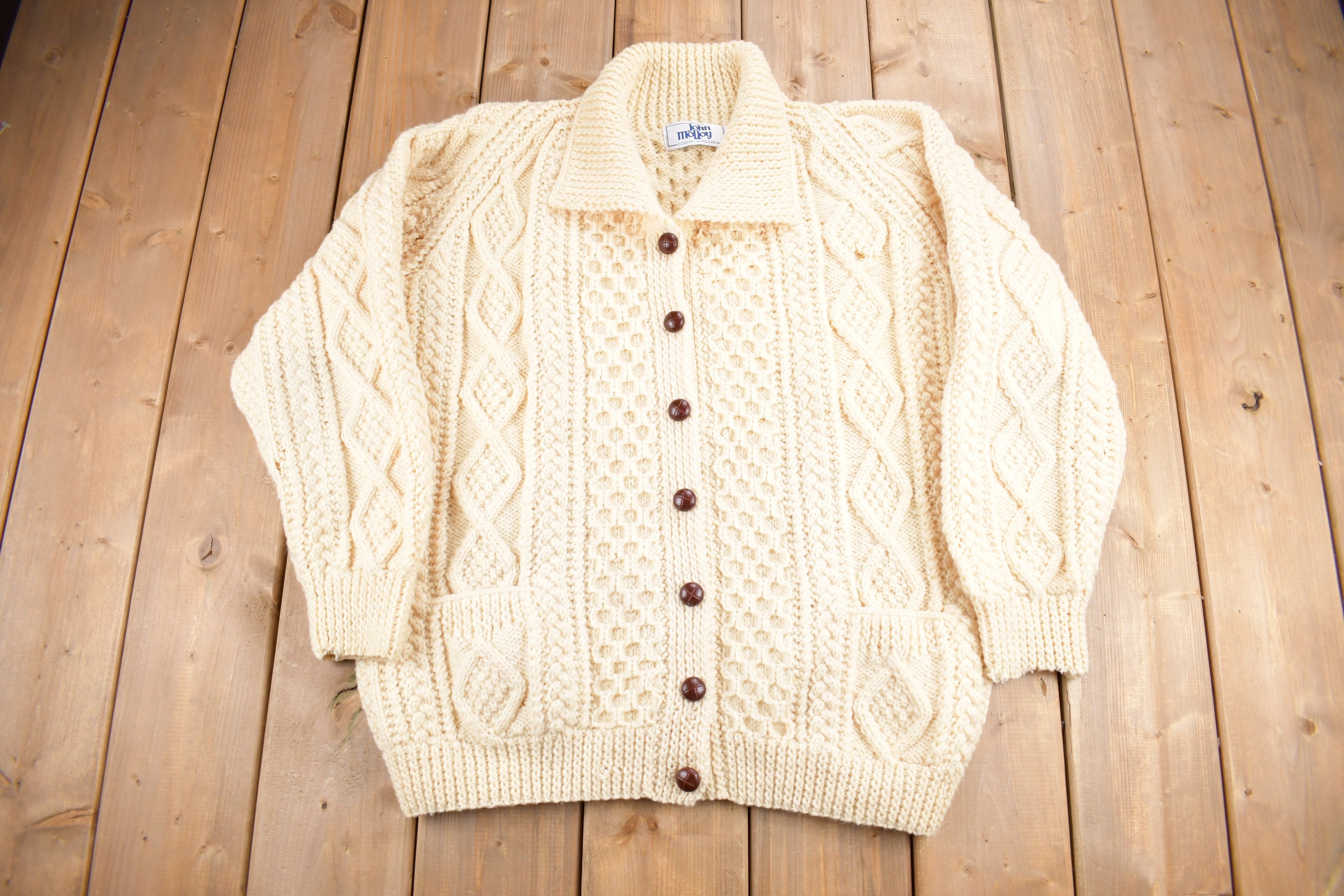 Vintage 1980s John Molloy 100 Wool Cable Knit Cardigan Sweater