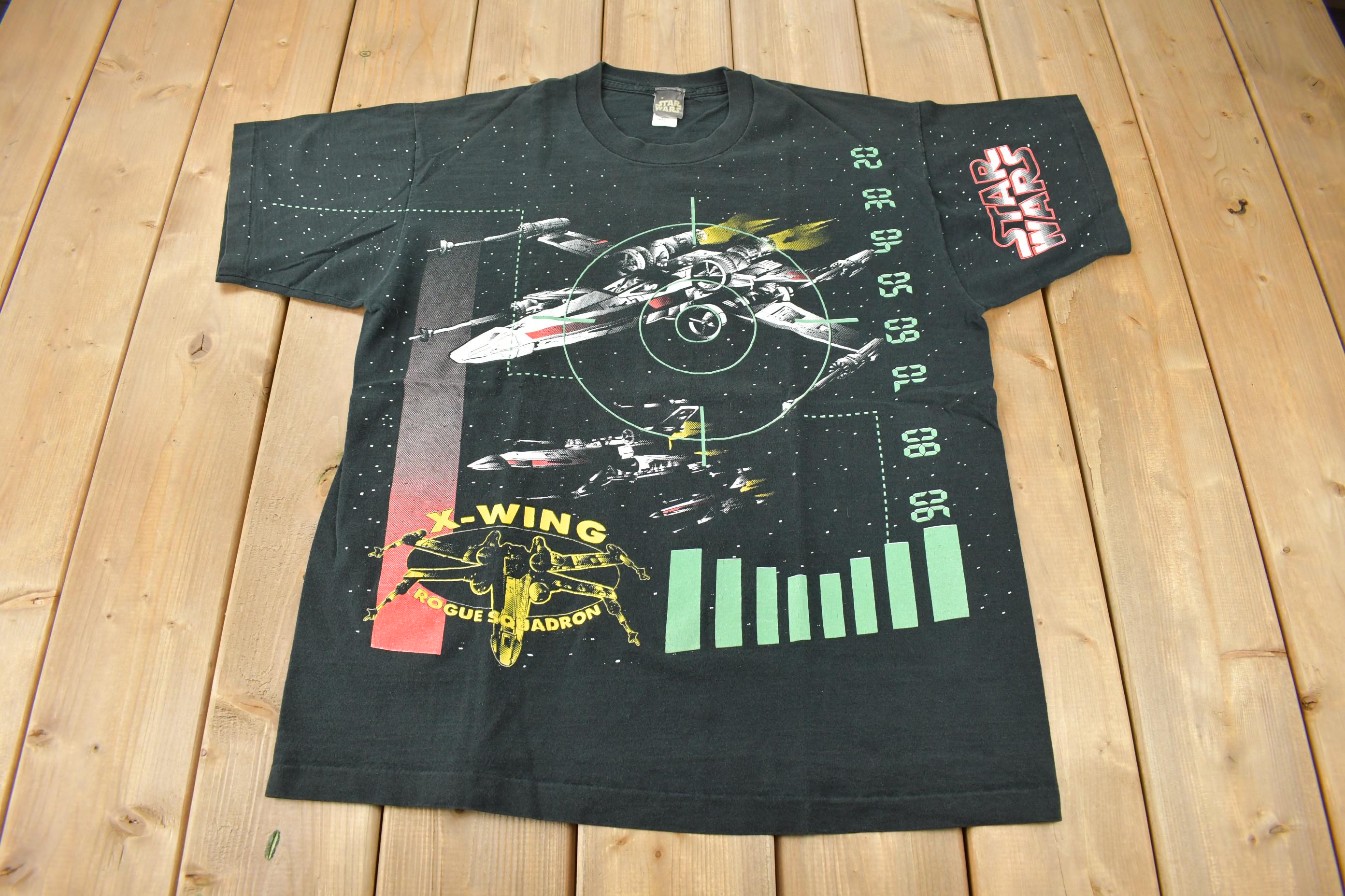 Vintage 1996 Star Wars X-Wing Rogue Squadron All Over Print Graphic T-Shirt Size L Made In USA Single Stitch