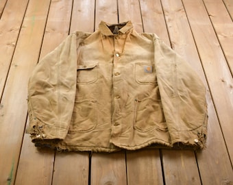 Vintage 1990s Naturally Distressed Blanket Lined Traditional Carhartt Coat / Workwear / Vintage Carhartt / Distressed Carhartt
