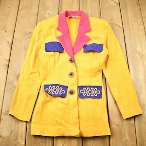 Vintage 90er Jahre Blazer in Gelb für Frauen / bestickt / 1990er Jahre Bluse / kariertes Flanellhemd / Freizeithemd / formelles Hemd