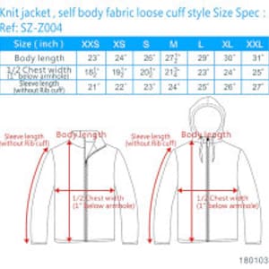 Puede incluir: Diagrama de una chaqueta de punto con medidas en pulgadas. La imagen incluye especificaciones de tama&ntilde;o para la longitud del cuerpo, el ancho del pecho y la longitud de la manga, que van desde la XXS hasta la XXL. La chaqueta presenta un estilo de pu&ntilde;o suelto.