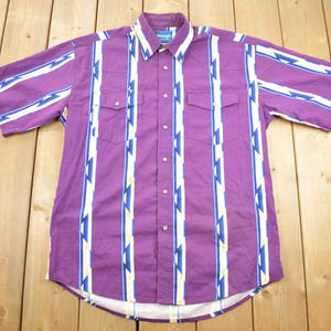 Vintage 1990s Wrangler Western Shirts Pearl Snap Short Sleeve Aztec Pattern Button Up Shirt / Size L /  South Western