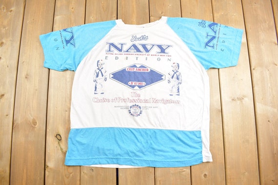 Vintage 1990s Youths Navy Graphic T-Shirt / Stree… - image 1